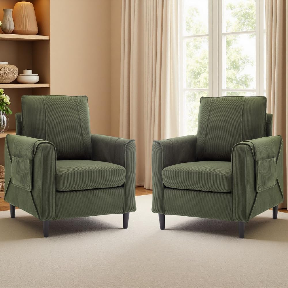Accent Chair, Arm Chair for Living Room, Mid-Century Modern Upholstered Reading Chair, Comfy Club Chair with Side Pockets and Soft Cushion, Corduroy Fabric Sofachair for Bedroom