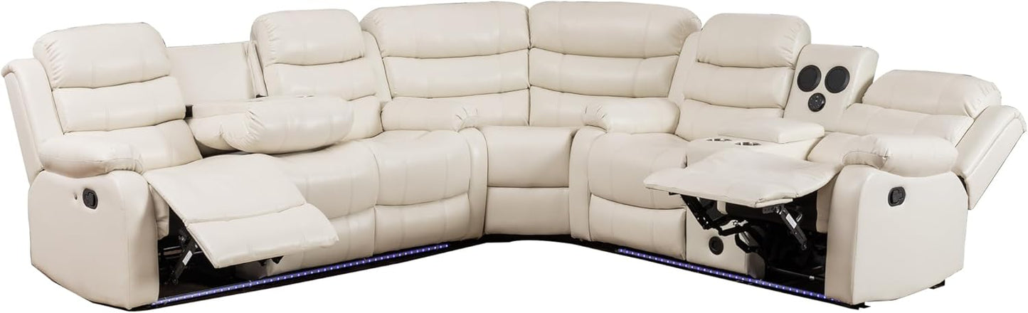 INSTORY 6-Seater Reclining Sofa, Faux Leather, Bluetooth Speakers, LED Lights, Drop Down Table, Cup Holders, USB Outlet, Storage Box (Black)