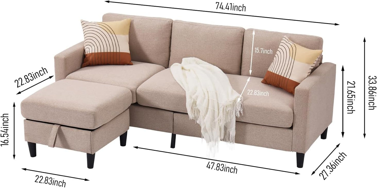 3 - Seater Small Sectional Couch for Small Living Room & Apartment, Modern I Shaped Couch with Storage for Compact Spaces (Beige)