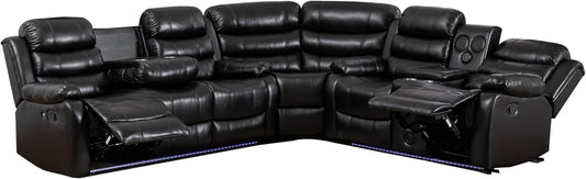 INSTORY 6-Seater Reclining Sofa, Faux Leather, Bluetooth Speakers, LED Lights, Drop Down Table, Cup Holders, USB Outlet, Storage Box (Black)