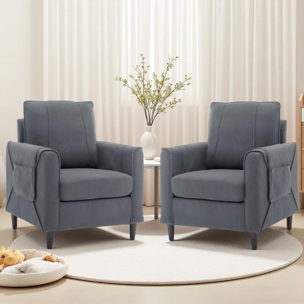 Accent Chair, Arm Chair for Living Room, Mid-Century Modern Upholstered Reading Chair, Comfy Club Chair with Side Pockets and Soft Cushion, Corduroy Fabric Sofachair for Bedroom