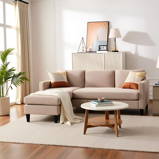 3 - Seater Small Sectional Couch for Small Living Room & Apartment, Modern I Shaped Couch with Storage for Compact Spaces (Beige)