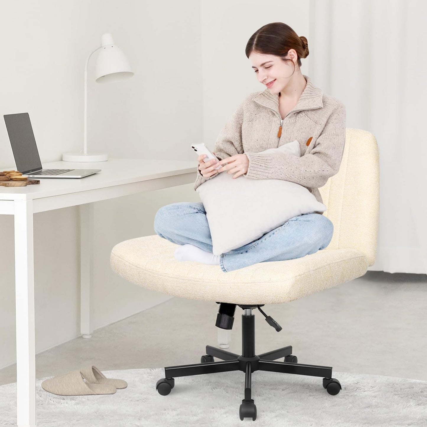 Orange Factory Criss Cross Chair Wheels Wide Cross Legged Office Desk Vanity Chair Comfy Fabric Armless Adjustable Swivel for Home Computer Task (Beige)