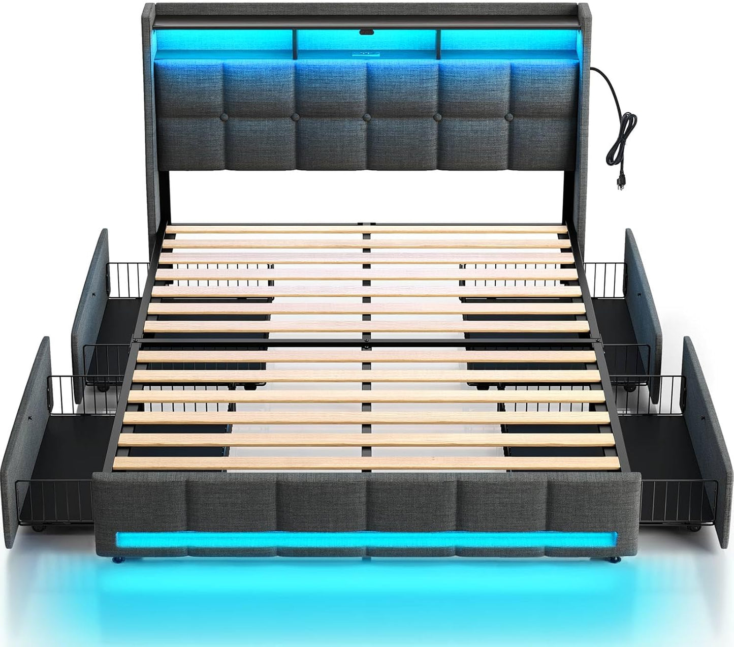 Rolanstar Full Size Bed Frame with LED Lights and Charging Station, Upholstered Bed Storage Headboard & Drawers, Heavy Duty Wood Slats, Easy Assembly