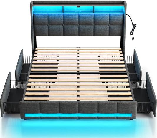 Rolanstar Full Size Bed Frame with LED Lights and Charging Station, Upholstered Bed Storage Headboard & Drawers, Heavy Duty Wood Slats, Easy Assembly