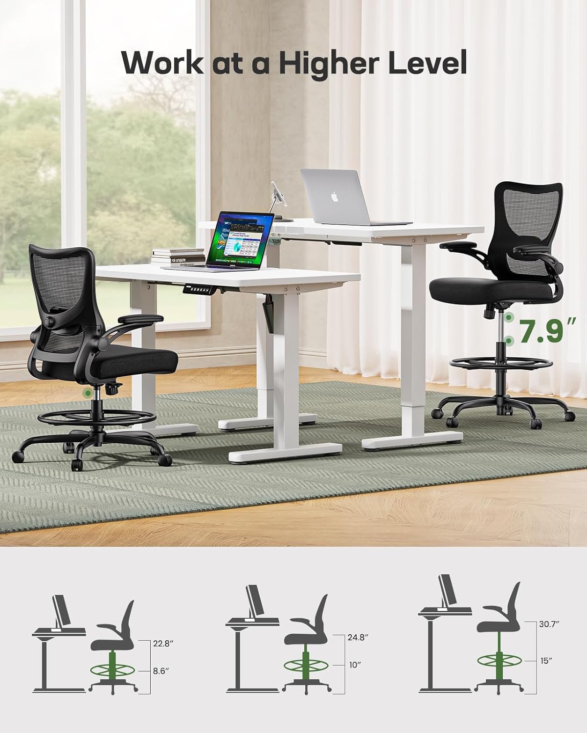 Marsail Drafting Chair, Tall Office Chair with 2D Lumbar Support, Standing Desk Chair with Padded Flip-Up Armrests & Adjustable Footrest Ring, Black