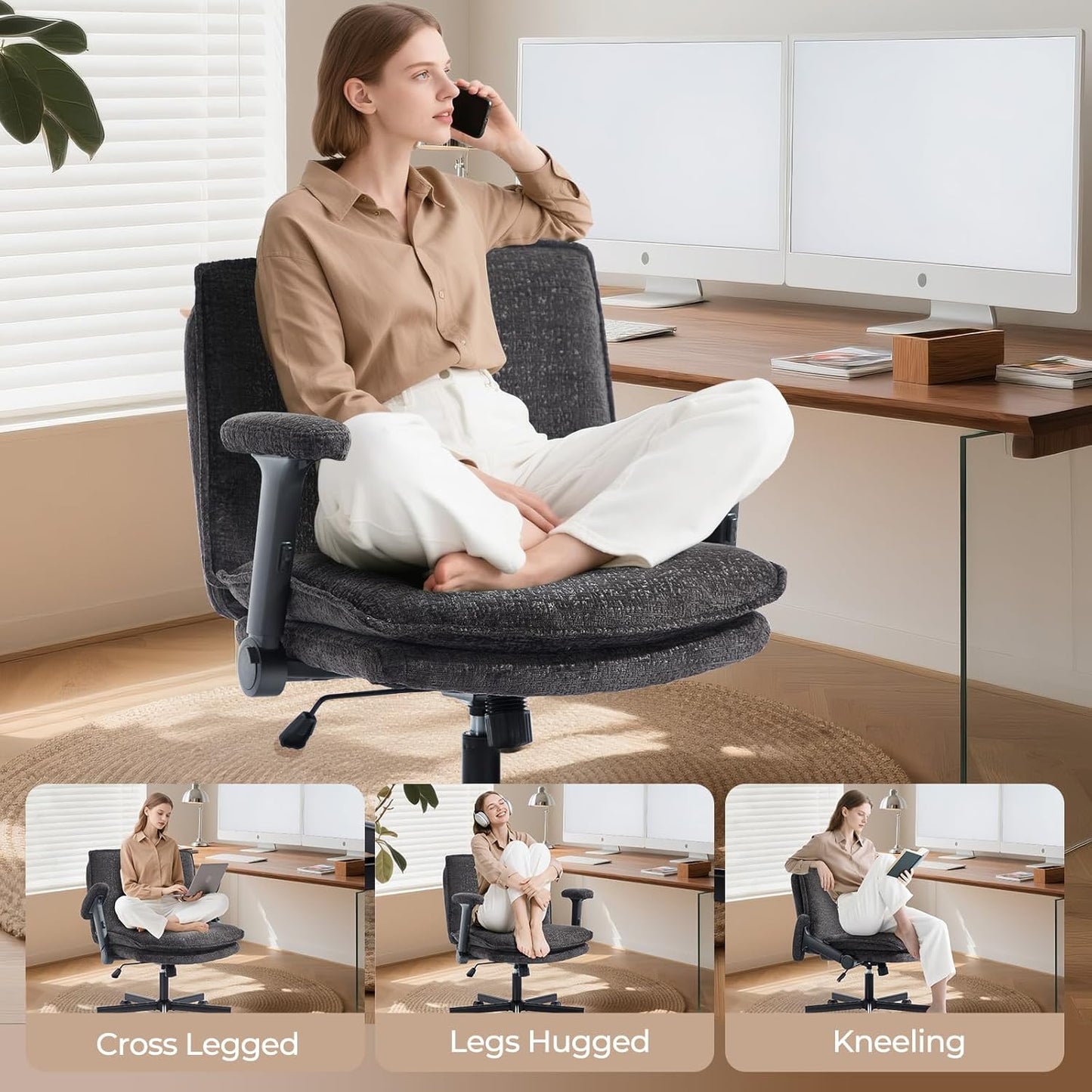 Criss Cross Chair with Flip-Up Arms and Lockable Wheels, Plush Fabric Cross Legged Office Desk Chair，Wider 125°Tilting Adjustable Swivel Computer Chair for Home, Apartment, Bedroom,Black