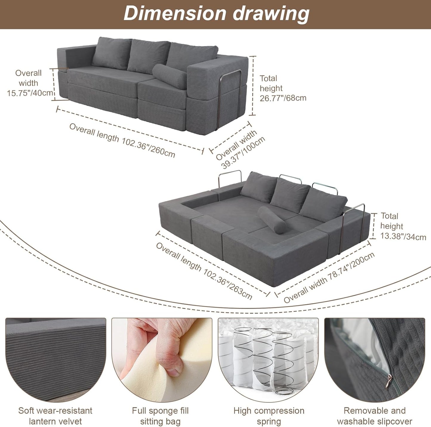102" Cloud Sectional Couch，I-Shape Sofa,Machine-Washable Covers Modern Modular Sofa with Deep Seat, Upholstered Couches for Living Room Bedroom,Ergonomic Lounge Comfort， No Assembly Required (Grey)