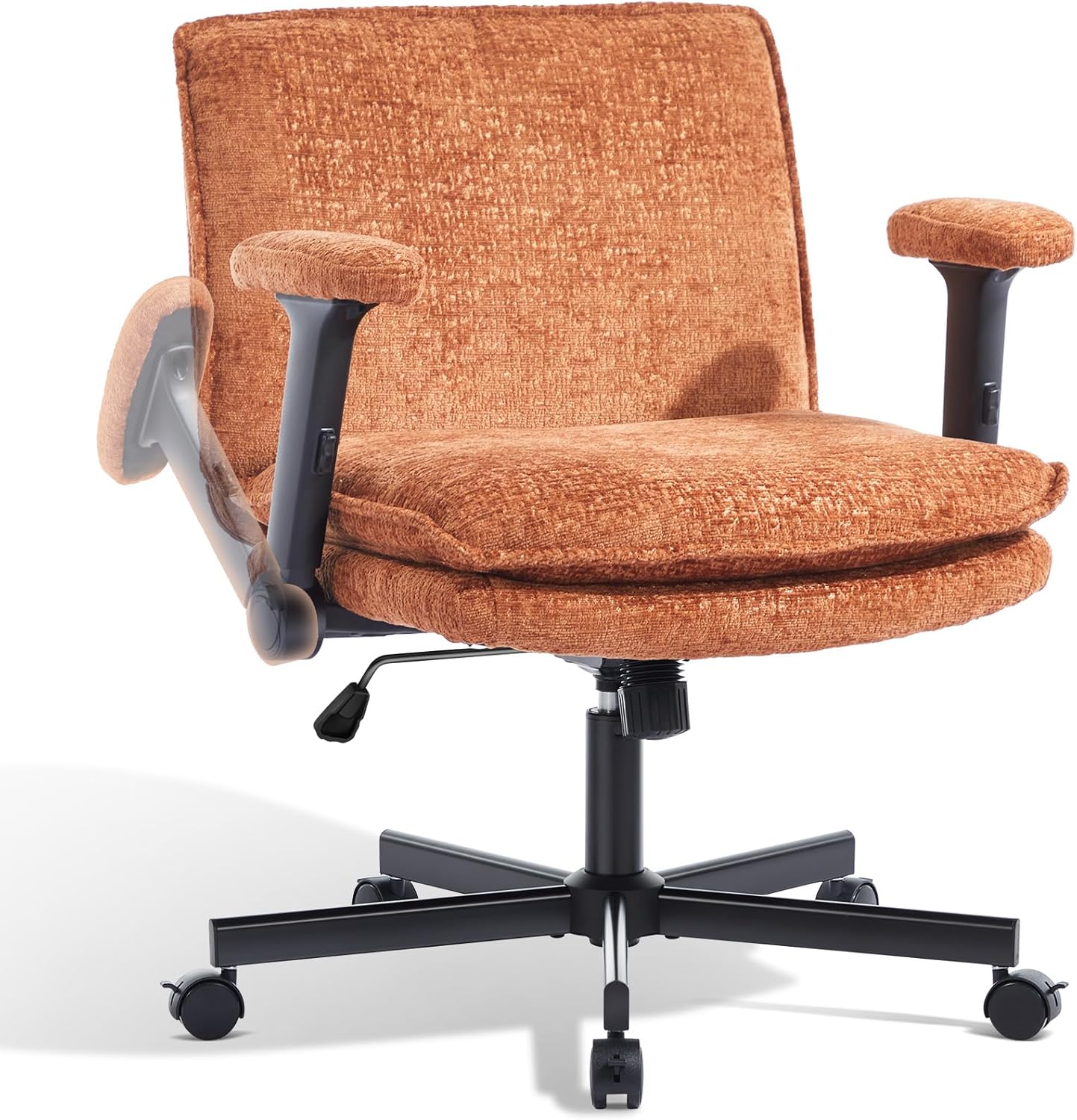 Criss Cross Chair with Flip-Up Arms and Lockable Wheels, Plush Fabric Cross Legged Office Desk Chair，Wider 125°Tilting Adjustable Swivel Computer Chair for Home, Apartment, Bedroom,Black