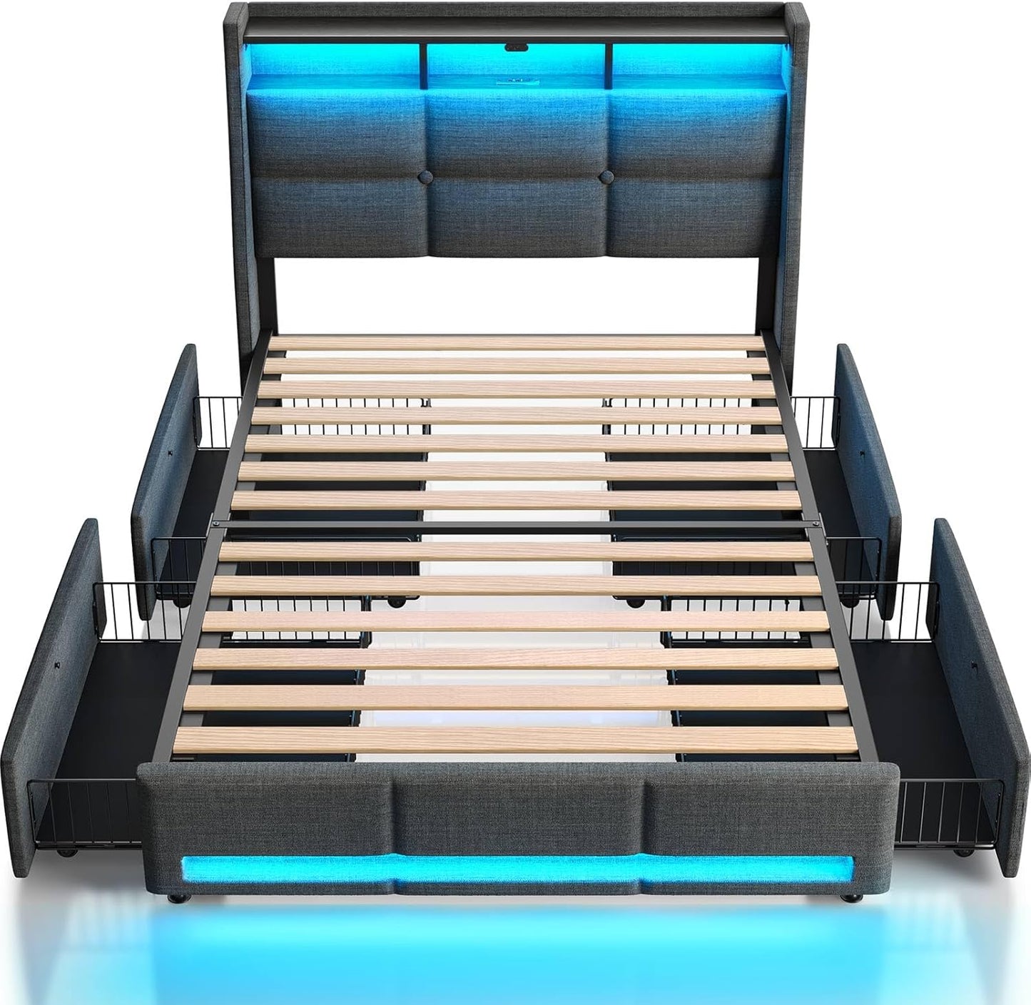 Rolanstar Full Size Bed Frame with LED Lights and Charging Station, Upholstered Bed Storage Headboard & Drawers, Heavy Duty Wood Slats, Easy Assembly