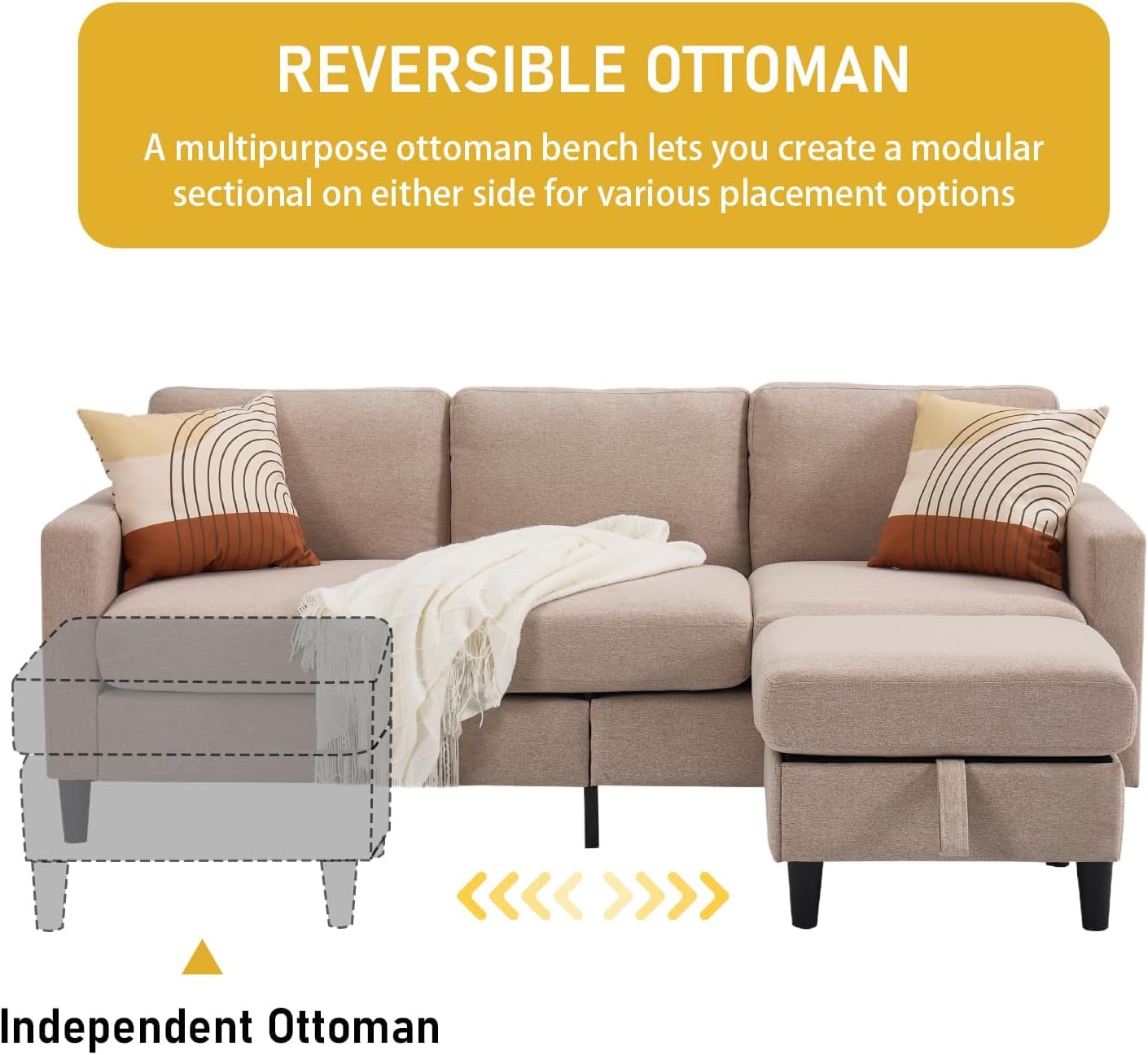 3 - Seater Small Sectional Couch for Small Living Room & Apartment, Modern I Shaped Couch with Storage for Compact Spaces (Beige)