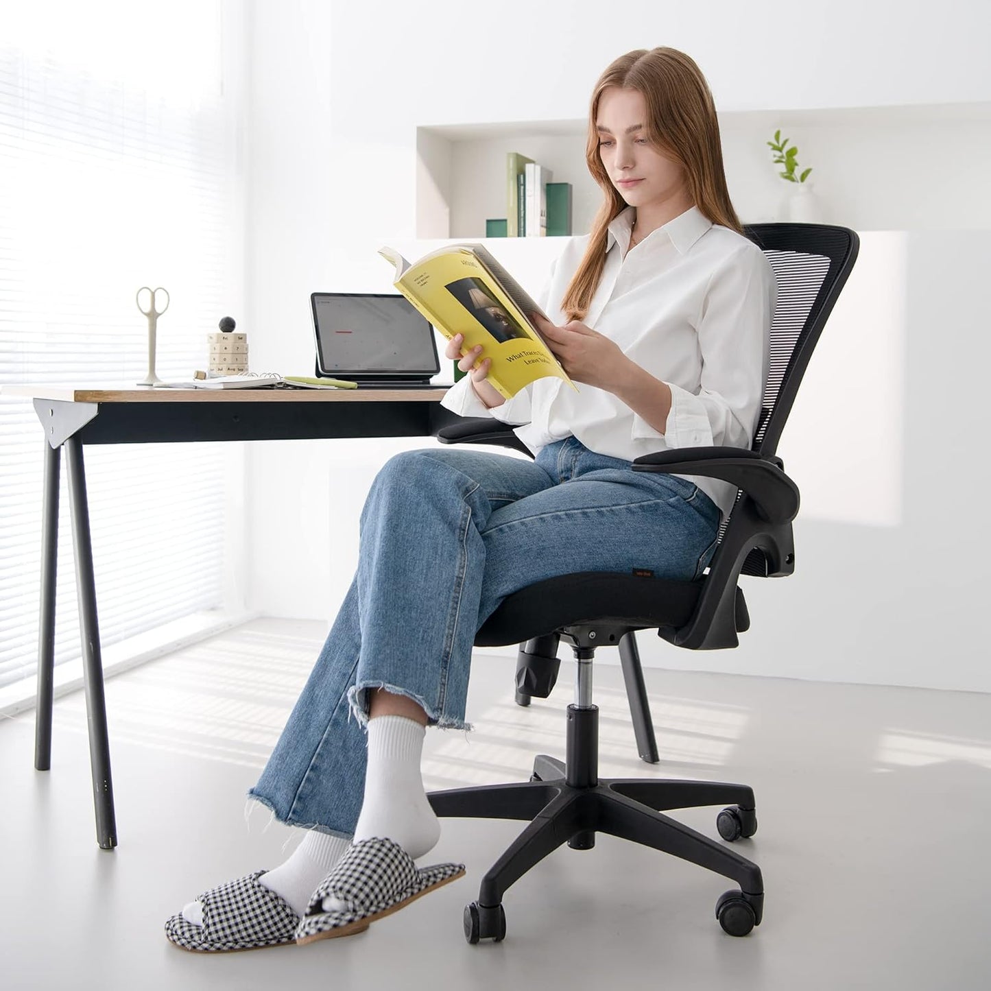 NEO CHAIR Office Desk Chair Computer High Back Mesh Gaming Seat with Ergonomic Adjustable Comfy Flip-up Armrests Lumbar Support Height for Home (Black)