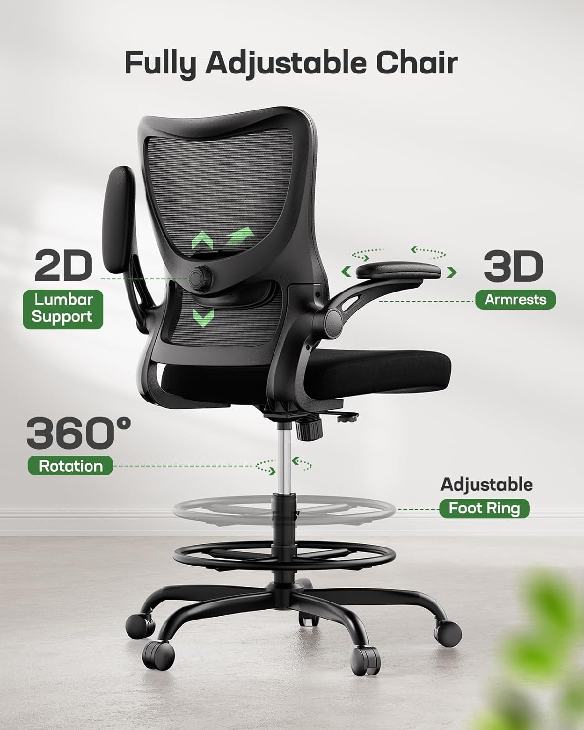 Marsail Drafting Chair, Tall Office Chair with 2D Lumbar Support, Standing Desk Chair with Padded Flip-Up Armrests & Adjustable Footrest Ring, Black