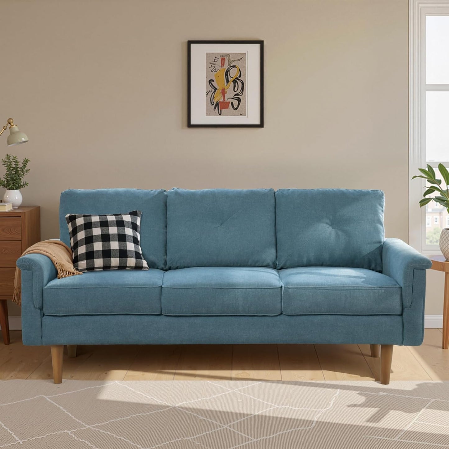 ovios Luxury 3 Seater Sofa with Faux Leather,Mid-Century Modern Couch with Comfortable Armrest,Comfy Couches with Deep Seat,Small Sofas for Living Room Bedroom (Light Brown), NOP20240120