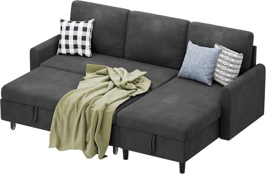 Shintenchi Sofa Couch, Sofa Bed- 2 in 1 Pull Out Couch Bed with Storage Chaise for Living Room, Sofa Bed Sectional Sofa Couch Linen Couch (Grey Black)