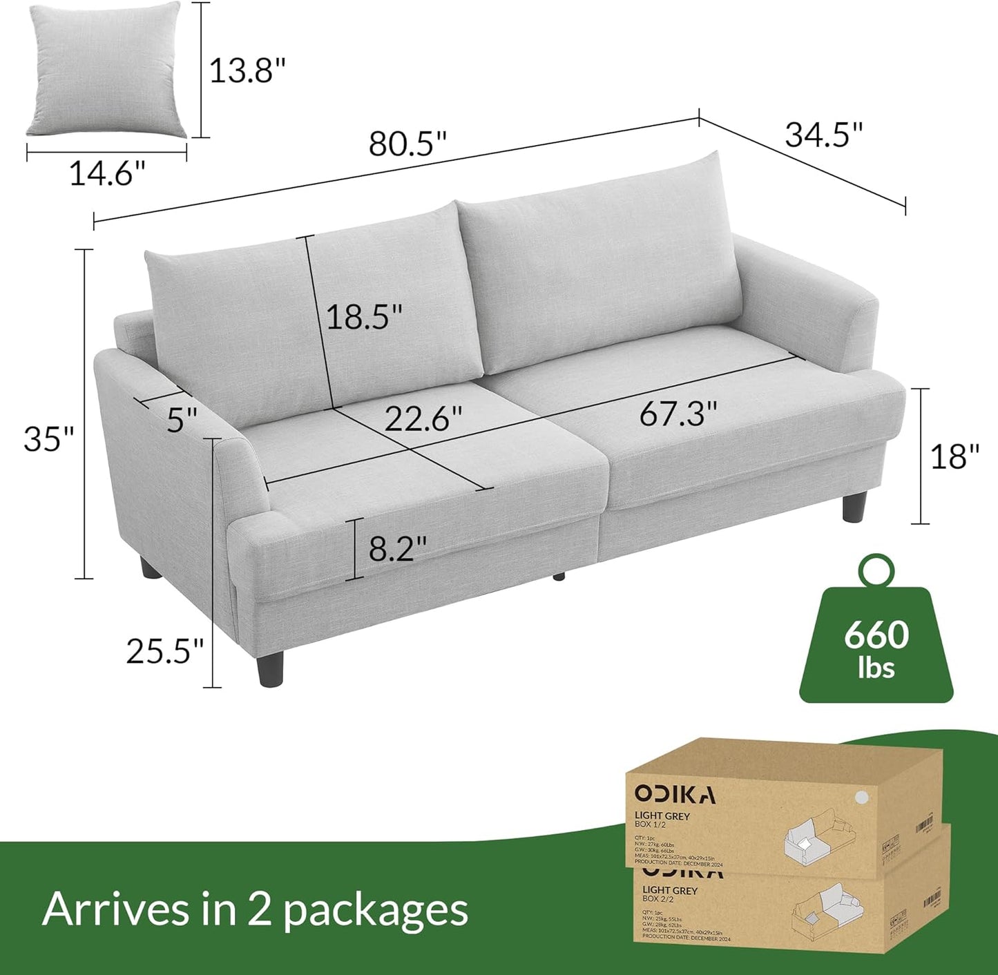 Cloud Comfort Couch – 81" 3 Seater Couch, Includes 2 Matching Pillows, Sofa with Removable & Machine-Washable Covers, Spring-Loaded Cushions, Easy Assembly (Light Grey, 3 Seater)