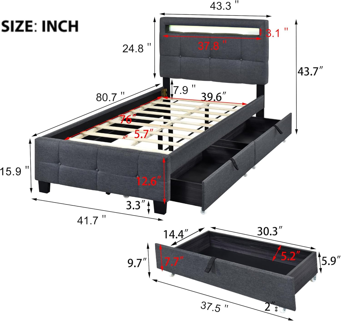 Elephance Twin Size Upholstered Platform Bed with LED Frame and 2 Drawers, Linen Fabric, Easy Assembly Platform Bed, Wooden Slat Support No Box Spring Needed,Gray