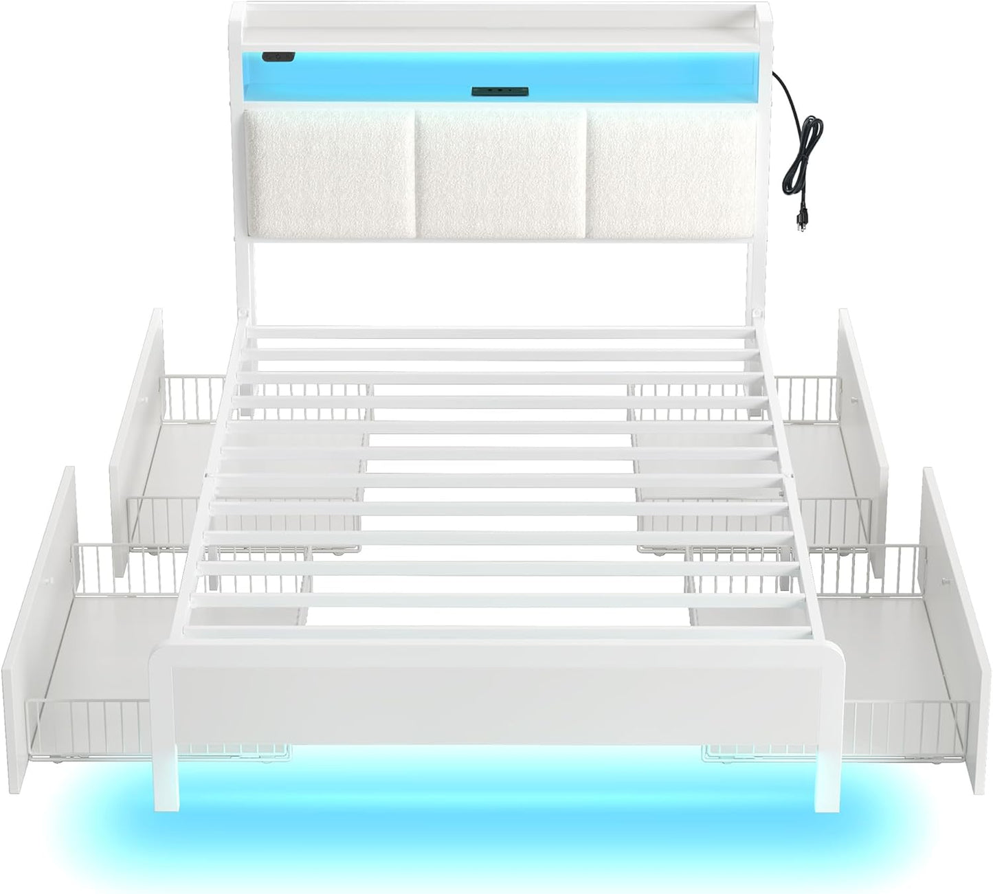 Rolanstar Bed Frame Queen Size with Charging Station and LED Lights, Upholstered Storage Headboard with Drawers, Heavy Duty Metal Slats, No Box Spring Needed, Noise Free, Easy Assembly, Dark Grey