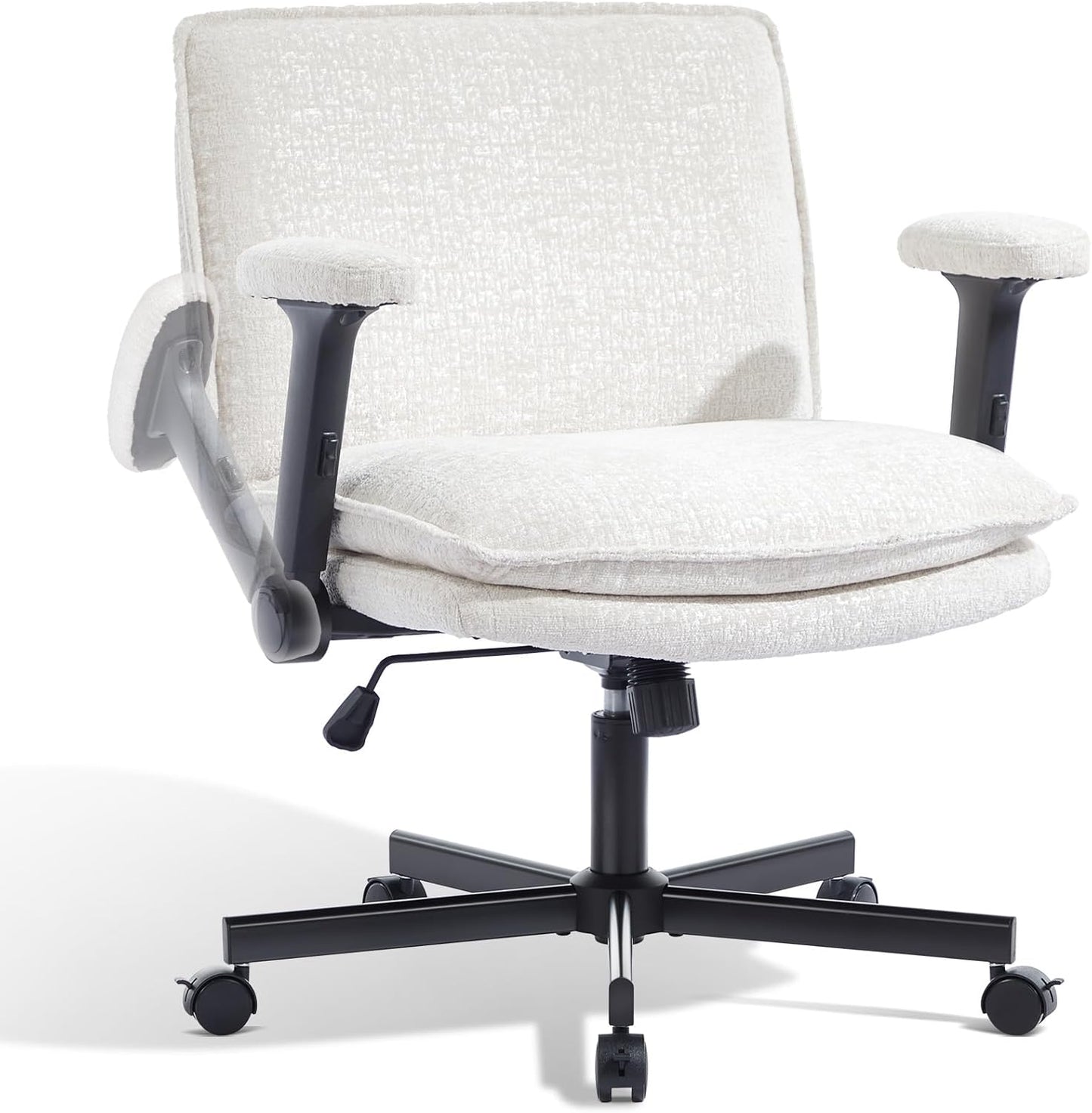 Criss Cross Chair with Flip-Up Arms and Lockable Wheels, Plush Fabric Cross Legged Office Desk Chair，Wider 125°Tilting Adjustable Swivel Computer Chair for Home, Apartment, Bedroom,Black