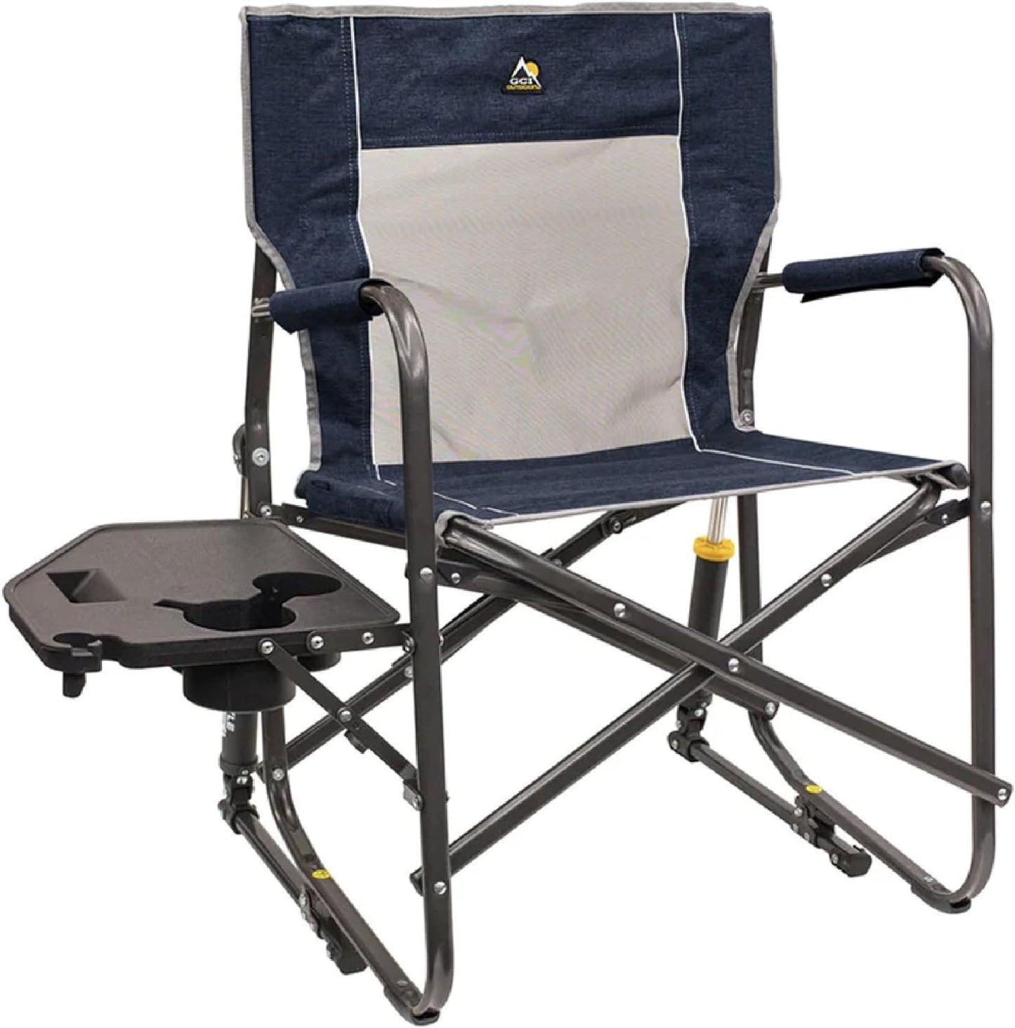 GCI OUTDOOR Freestyle Rocker Camping Chair | Portable Folding Rocking Chair with Solid, Durable Armrests, Drink Holder & Comfortable Backrest — Indigo Blue