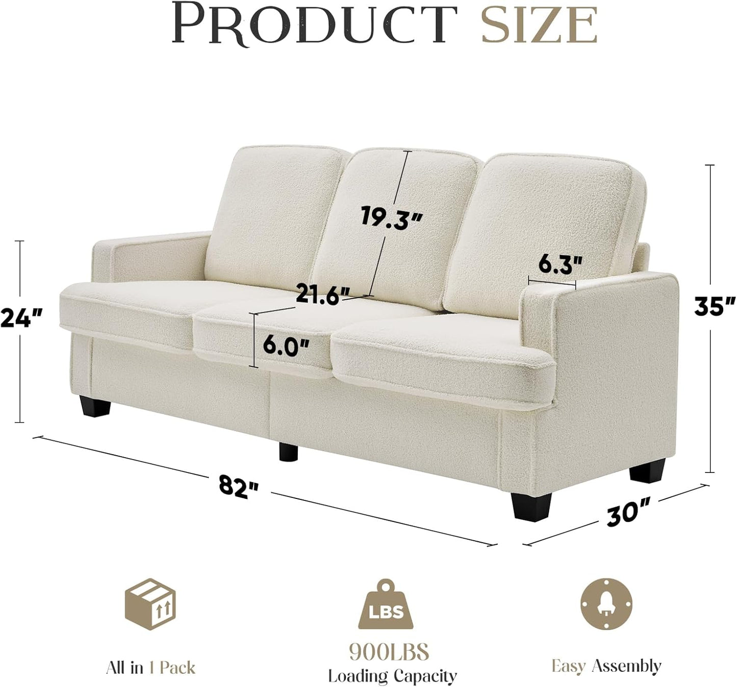 Couches for Living Room, 82” Spacious Deep Seat Sofa for Living Room/Bedroom/Office/Apartment, Sofa Bed for Small Spaces, Detachable Futon Couch Cover, Easy to Install, Beige Teddy Fleece
