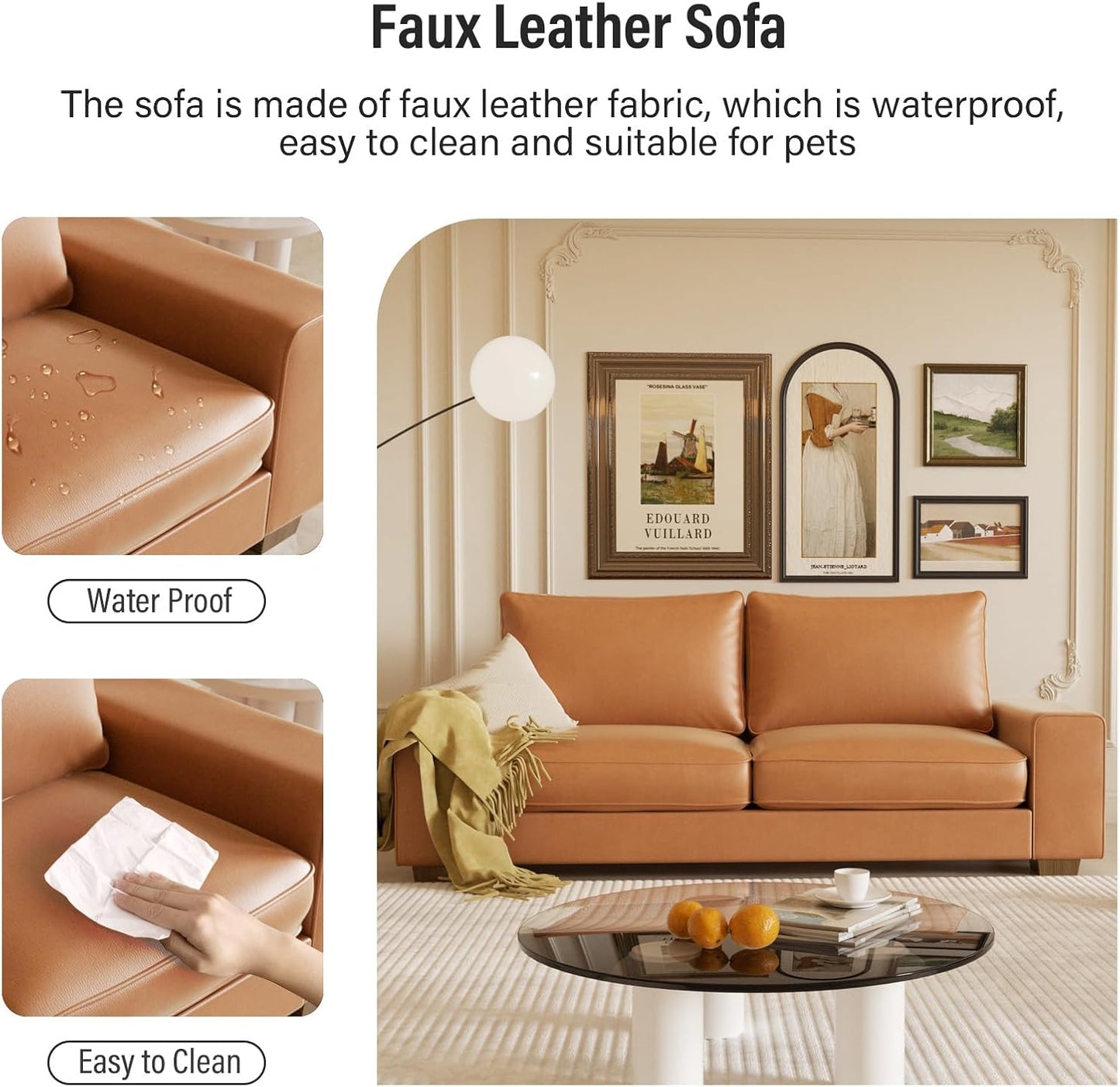 Faux Leather Couch, Mid Century Modern Comfy Loveseat Sofa with Wide Arm, Side Pockets, Solid Wooden Frame for Office, Living Room and Bedroom, 2 Seater (Brown, 71.25 Inches)