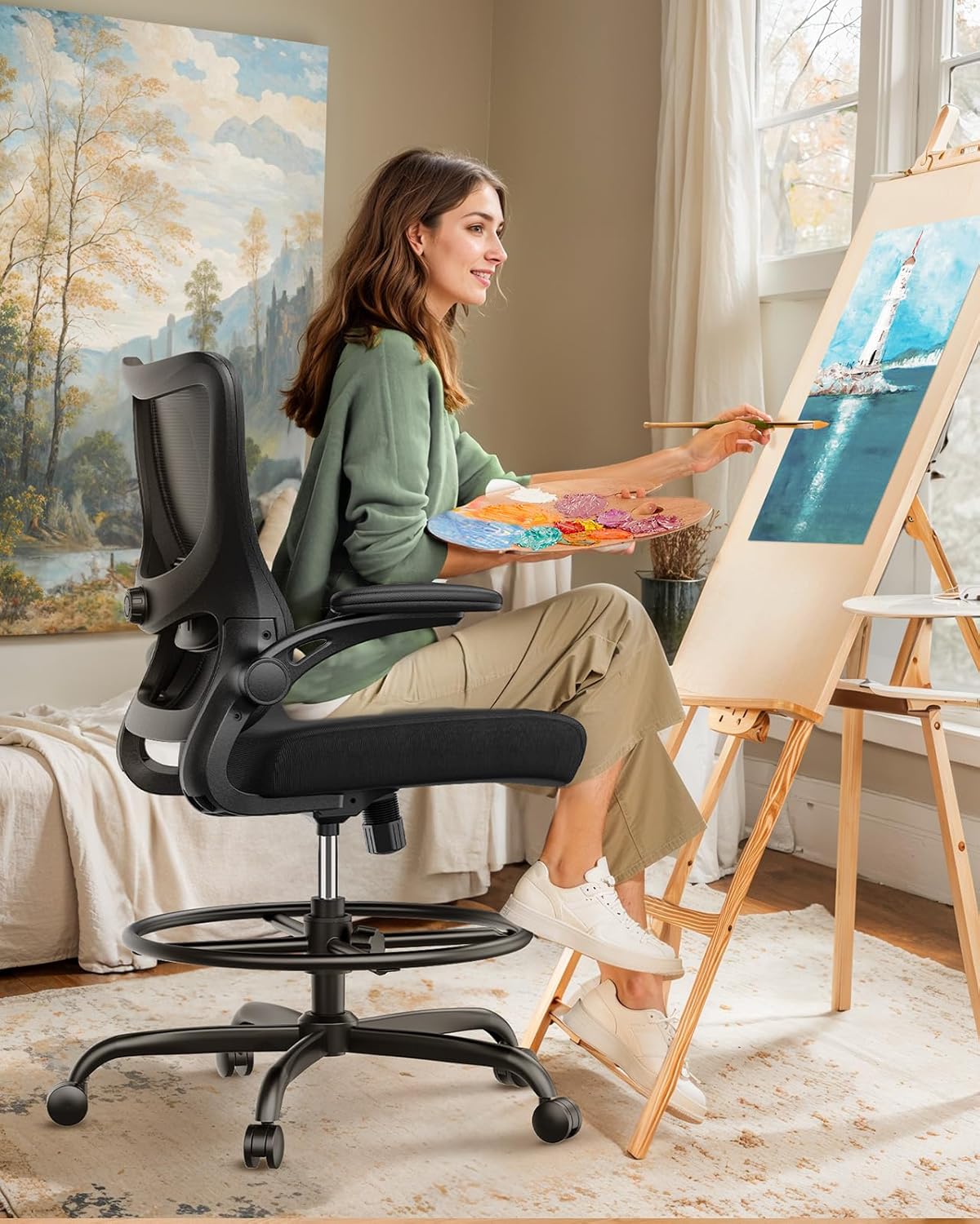 Marsail Drafting Chair, Tall Office Chair with 2D Lumbar Support, Standing Desk Chair with Padded Flip-Up Armrests & Adjustable Footrest Ring, Black
