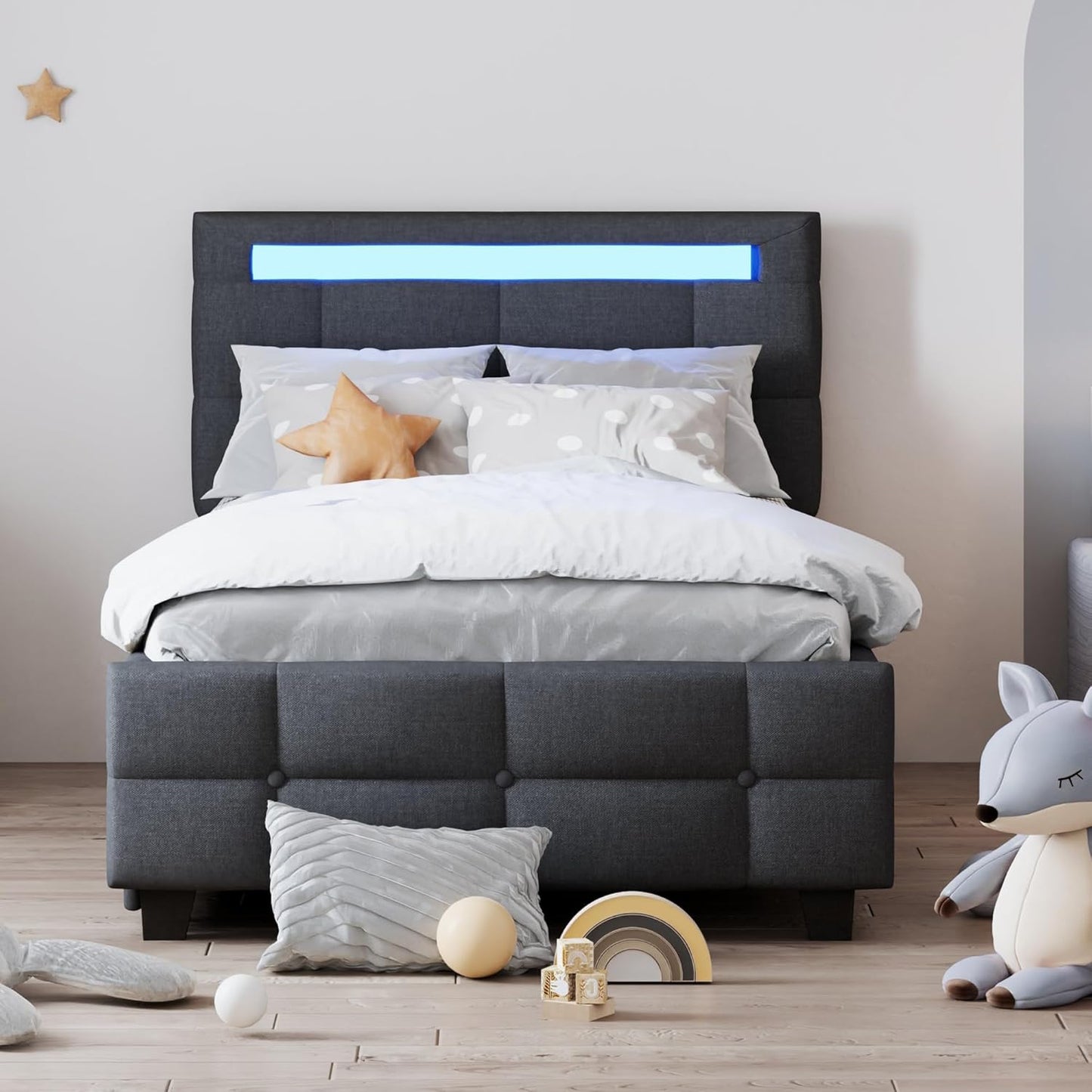 Elephance Twin Size Upholstered Platform Bed with LED Frame and 2 Drawers, Linen Fabric, Easy Assembly Platform Bed, Wooden Slat Support No Box Spring Needed,Gray
