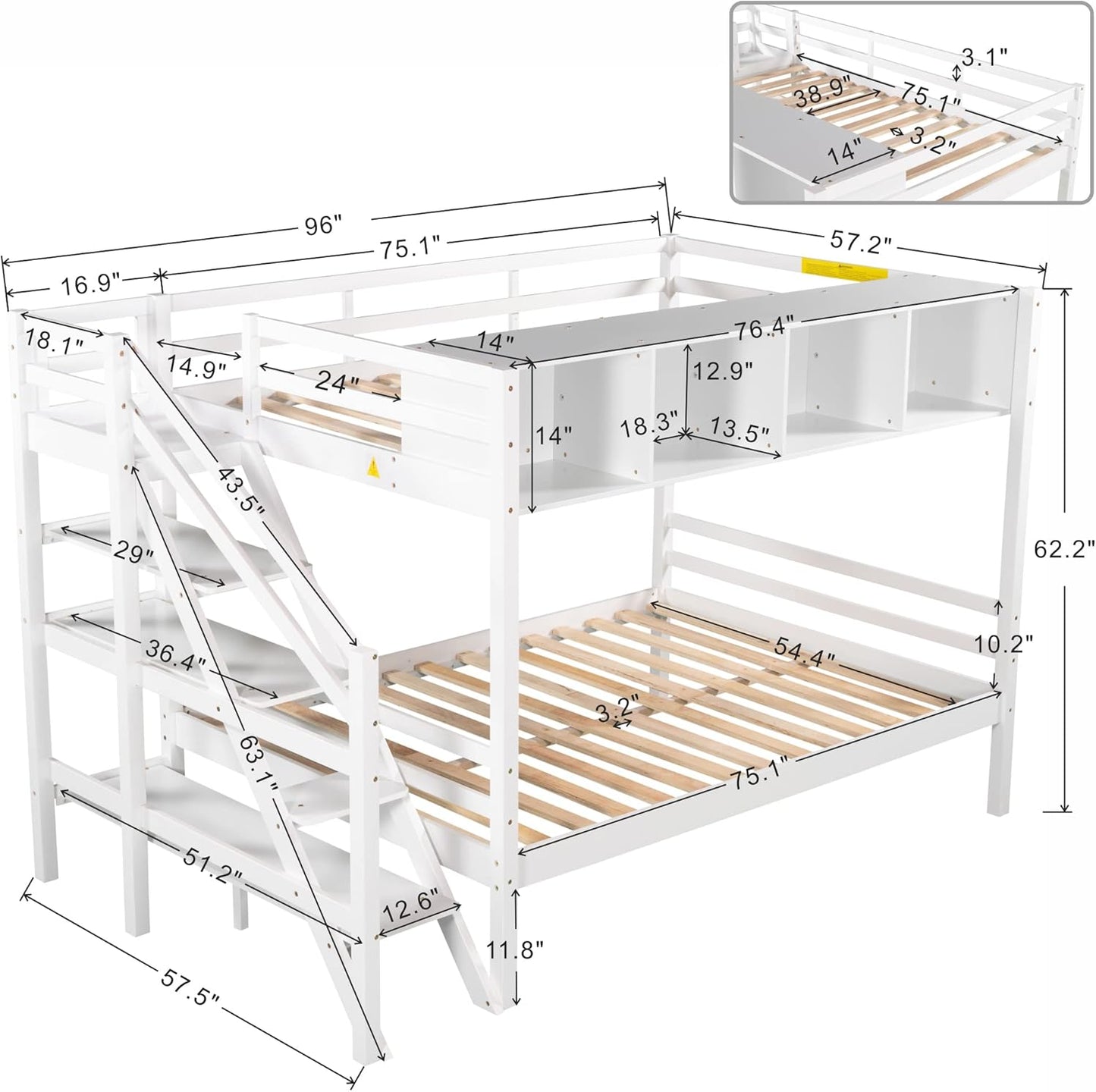 Twin Size Bed Frame for Bedroom Twin Over Full Bunk Bed with Staircase and Built-in Storage Cabinets No Box Spring Needed White 96" L x 57.2" W x 62.2" H