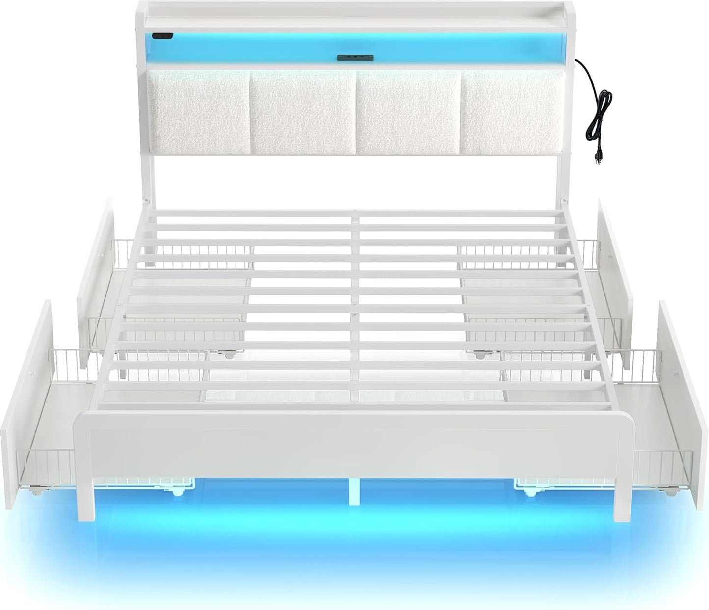 Rolanstar Bed Frame Queen Size with Charging Station and LED Lights, Upholstered Storage Headboard with Drawers, Heavy Duty Metal Slats, No Box Spring Needed, Noise Free, Easy Assembly, Dark Grey
