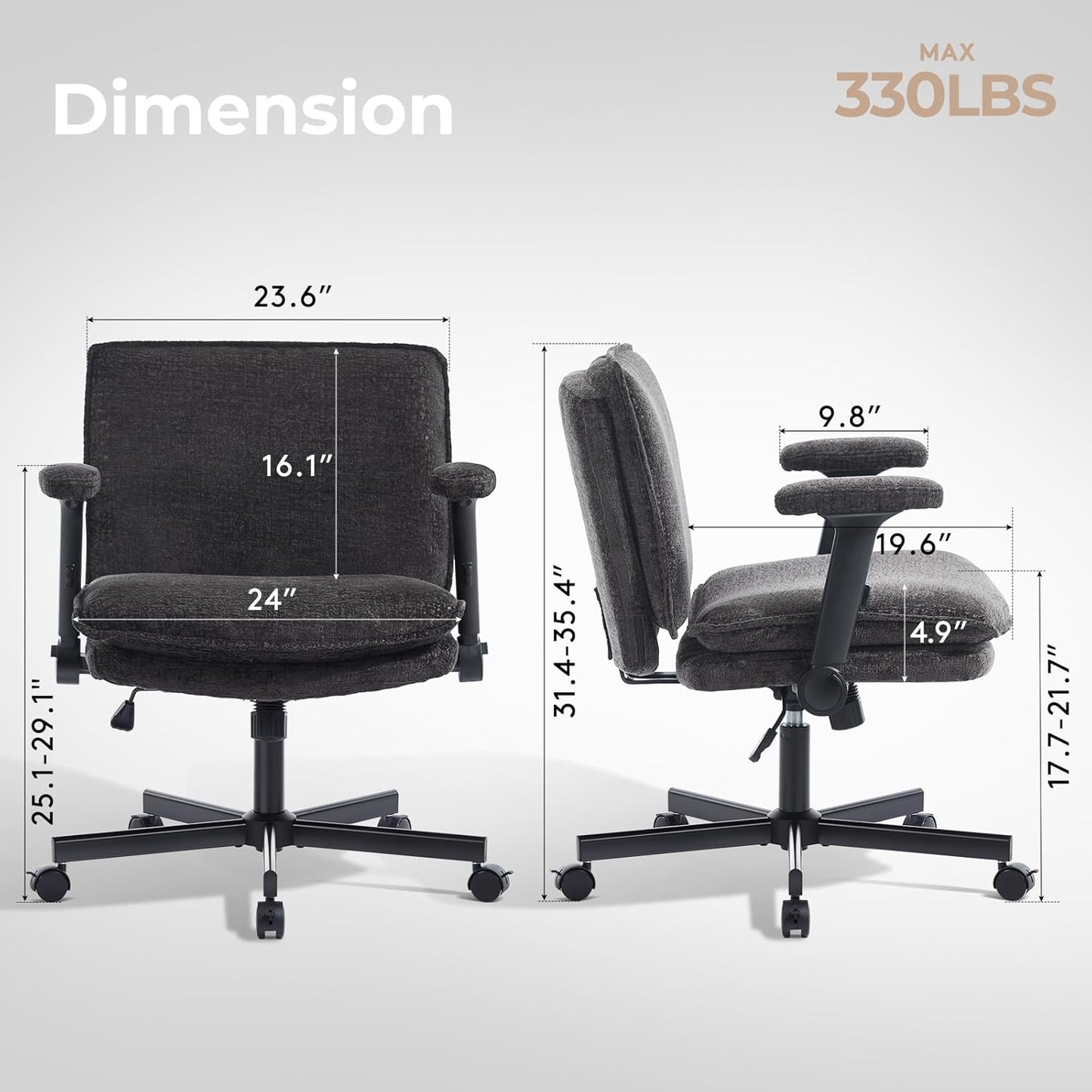 Criss Cross Chair with Flip-Up Arms and Lockable Wheels, Plush Fabric Cross Legged Office Desk Chair，Wider 125°Tilting Adjustable Swivel Computer Chair for Home, Apartment, Bedroom,Black