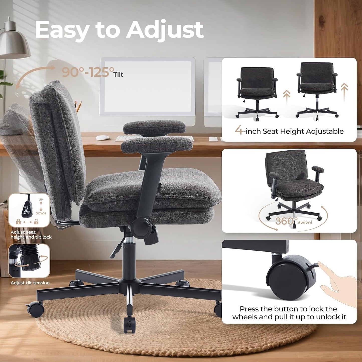 Criss Cross Chair with Flip-Up Arms and Lockable Wheels, Plush Fabric Cross Legged Office Desk Chair，Wider 125°Tilting Adjustable Swivel Computer Chair for Home, Apartment, Bedroom,Black