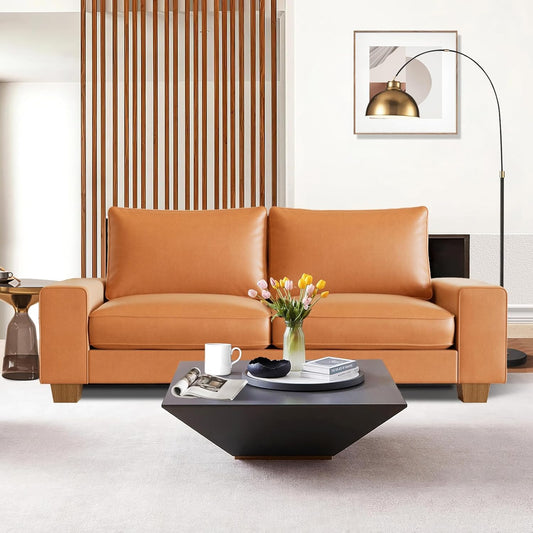 Faux Leather Couch, Mid Century Modern Comfy Loveseat Sofa with Wide Arm, Side Pockets, Solid Wooden Frame for Office, Living Room and Bedroom, 2 Seater (Brown, 71.25 Inches)