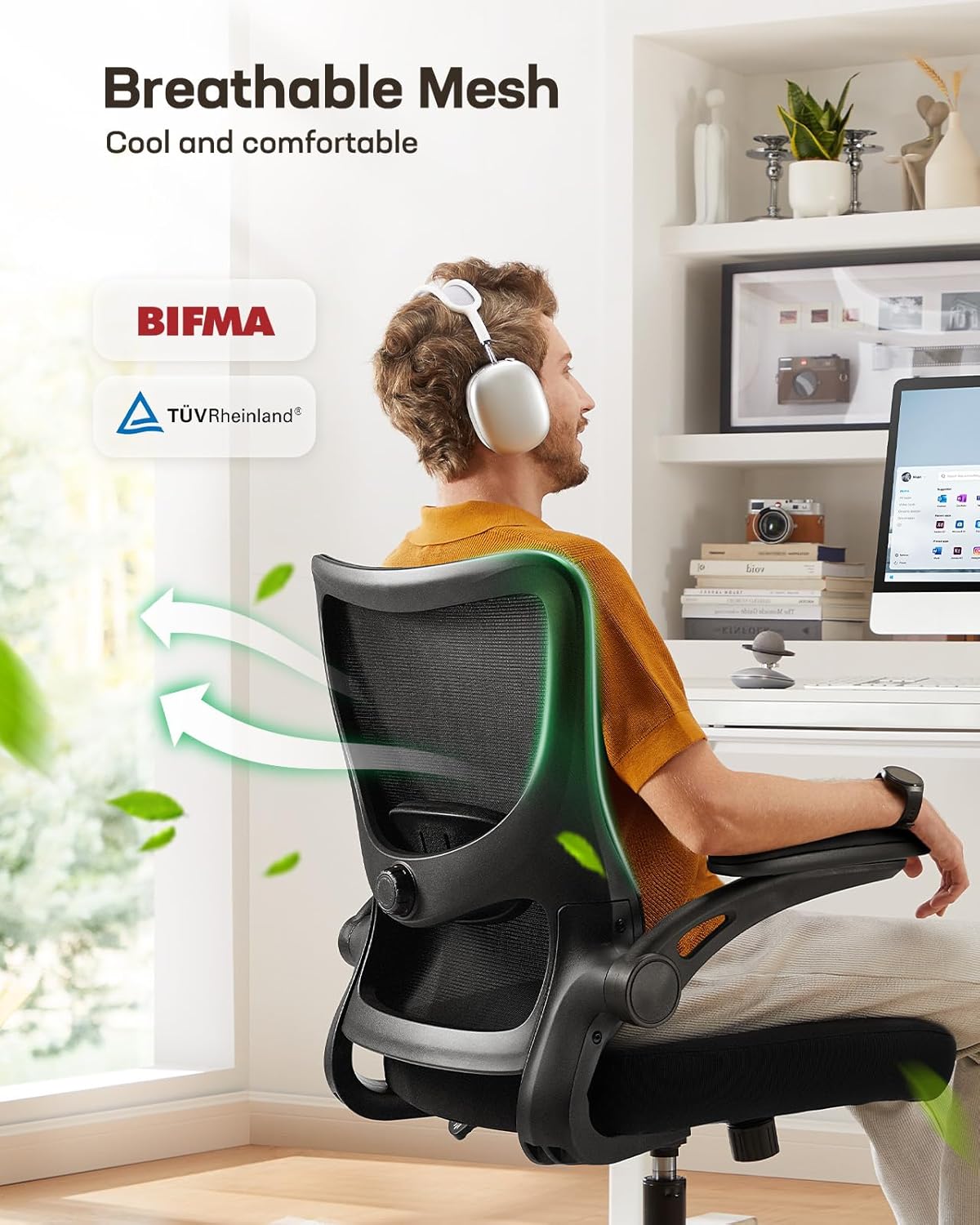 Marsail Drafting Chair, Tall Office Chair with 2D Lumbar Support, Standing Desk Chair with Padded Flip-Up Armrests & Adjustable Footrest Ring, Black