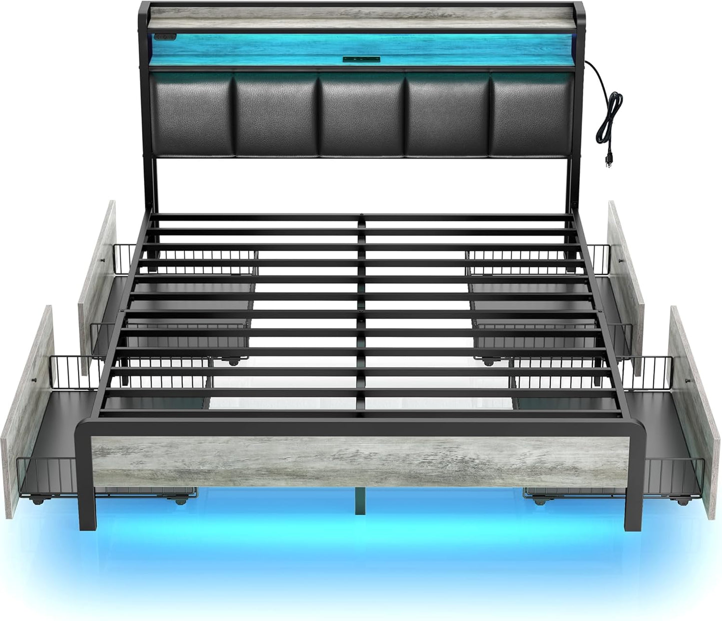 Rolanstar Bed Frame Queen Size with Charging Station and LED Lights, Upholstered Storage Headboard with Drawers, Heavy Duty Metal Slats, No Box Spring Needed, Noise Free, Easy Assembly, Dark Grey