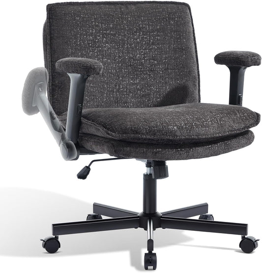 Criss Cross Chair with Flip-Up Arms and Lockable Wheels, Plush Fabric Cross Legged Office Desk Chair，Wider 125°Tilting Adjustable Swivel Computer Chair for Home, Apartment, Bedroom,Black