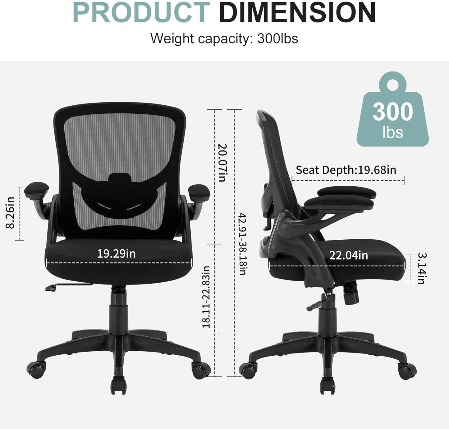 Ergonomic Mesh Office Chair, Comfy Desk Chair with Flip up Armrests, Swivel Computer Desk Chair with Adjustable Lumbar Support and Height for Home Office, 300 lbs Capacity