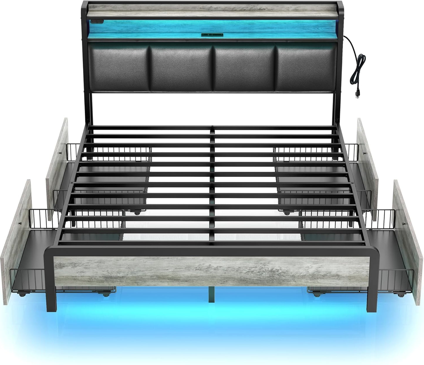 Rolanstar Bed Frame Queen Size with Charging Station and LED Lights, Upholstered Storage Headboard with Drawers, Heavy Duty Metal Slats, No Box Spring Needed, Noise Free, Easy Assembly, Dark Grey