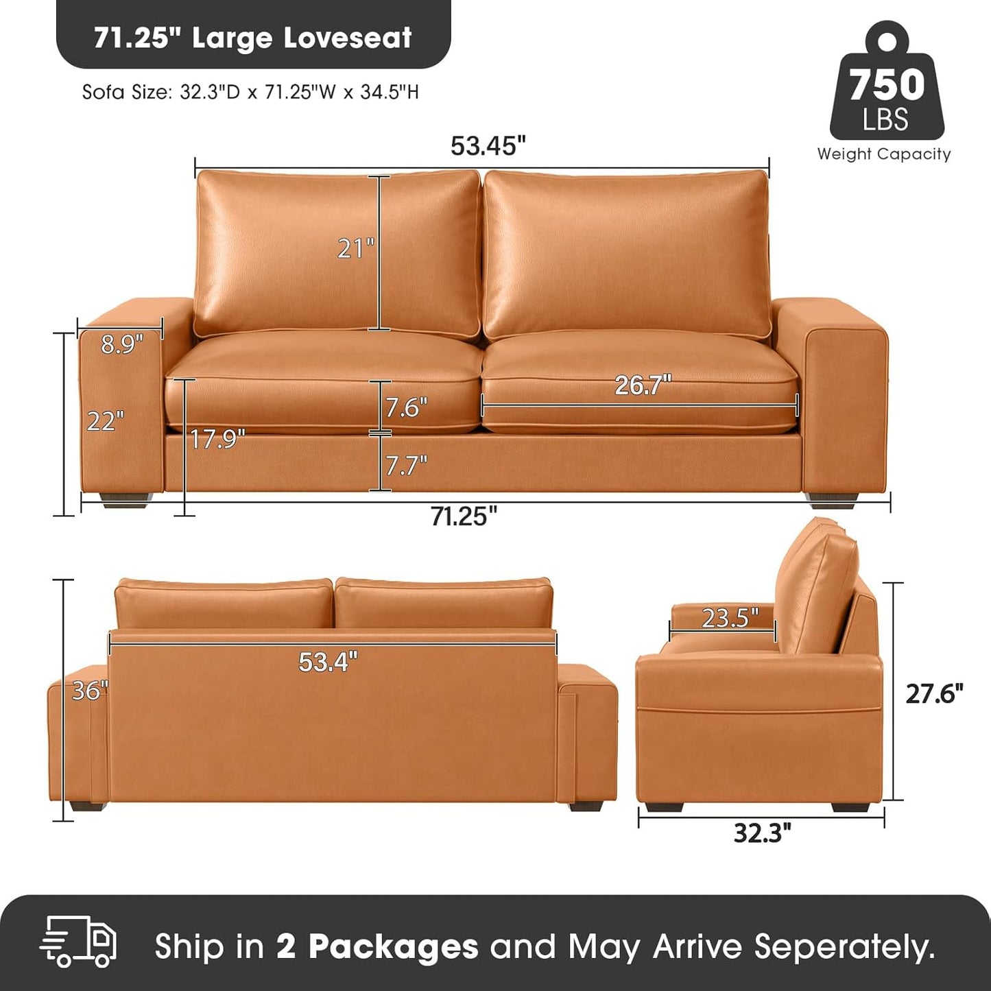 Faux Leather Couch, Mid Century Modern Comfy Loveseat Sofa with Wide Arm, Side Pockets, Solid Wooden Frame for Office, Living Room and Bedroom, 2 Seater (Brown, 71.25 Inches)