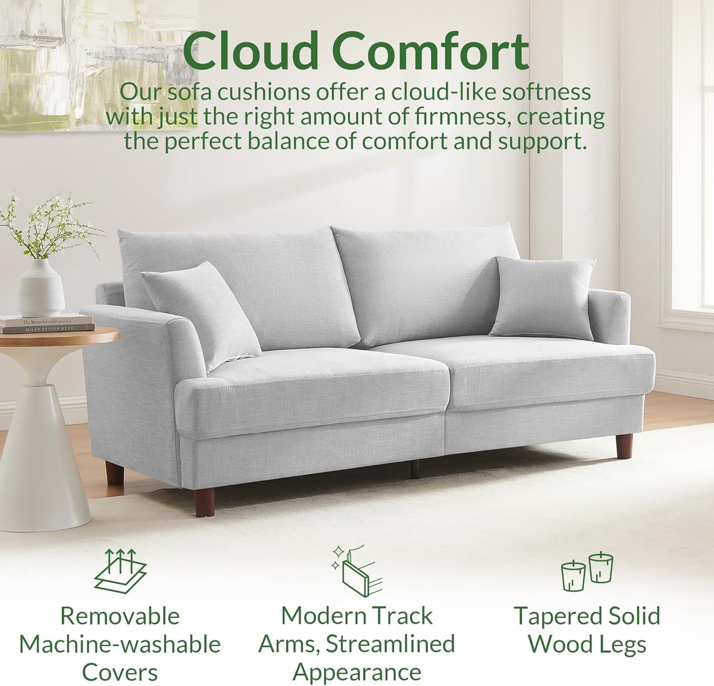 Cloud Comfort Couch – 81" 3 Seater Couch, Includes 2 Matching Pillows, Sofa with Removable & Machine-Washable Covers, Spring-Loaded Cushions, Easy Assembly (Light Grey, 3 Seater)