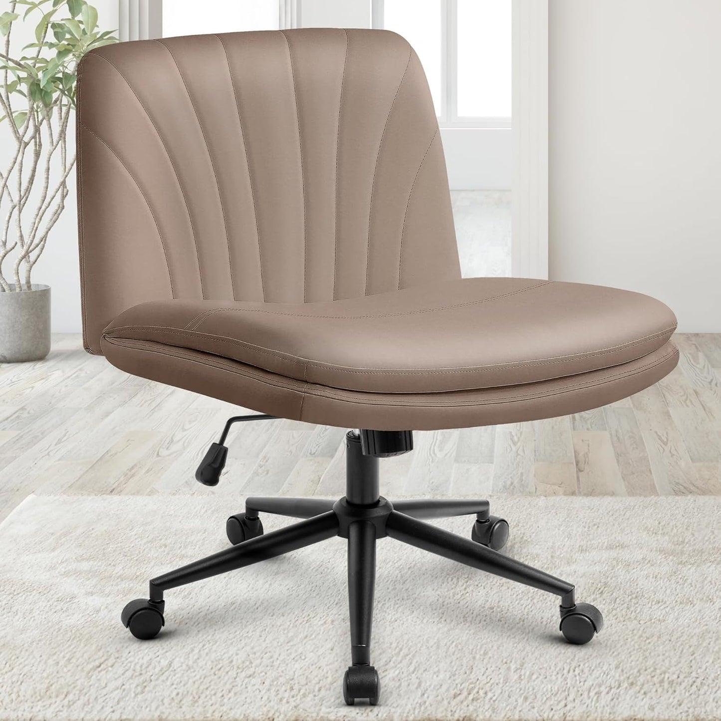 Orange Factory Criss Cross Chair Wheels Wide Cross Legged Office Desk Vanity Chair Comfy Fabric Armless Adjustable Swivel for Home Computer Task (Beige)