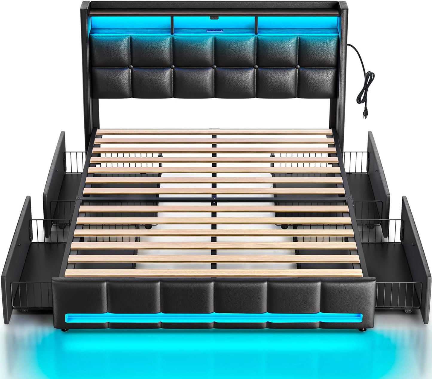 Rolanstar Full Size Bed Frame with LED Lights and Charging Station, Upholstered Bed Storage Headboard & Drawers, Heavy Duty Wood Slats, Easy Assembly