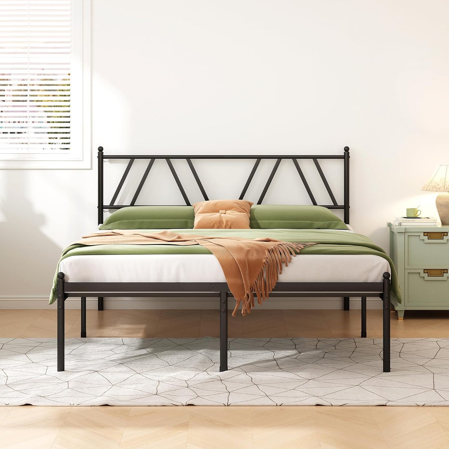 Metal Platform Bed Frame with Headboard, 14 Inches Full Bed, No Box Spring Needed, Steel Slat Support, Black, Easy Assembly