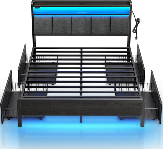 Rolanstar Bed Frame Queen Size with Charging Station and LED Lights, Upholstered Storage Headboard with Drawers, Heavy Duty Metal Slats, No Box Spring Needed, Noise Free, Easy Assembly, Dark Grey
