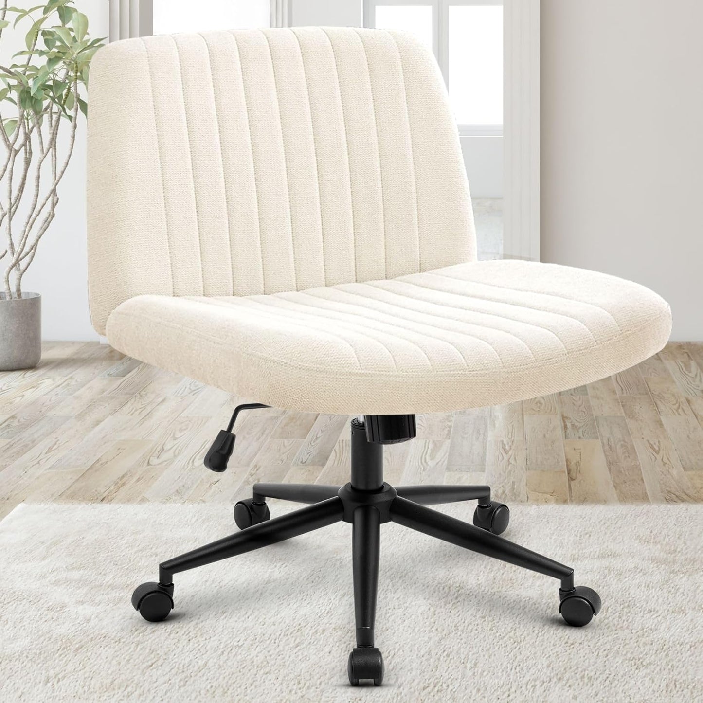 Orange Factory Criss Cross Chair Wheels Wide Cross Legged Office Desk Vanity Chair Comfy Fabric Armless Adjustable Swivel for Home Computer Task (Beige)