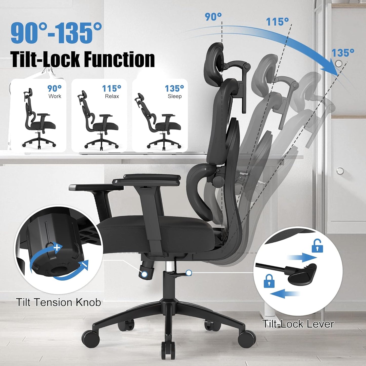 Ergonomic Office Chair with Adjustable Lumbar Support, 3D Arms and Headrest, High Back Wide Desk Computer Chair with Wheels, for Home & Office, Black