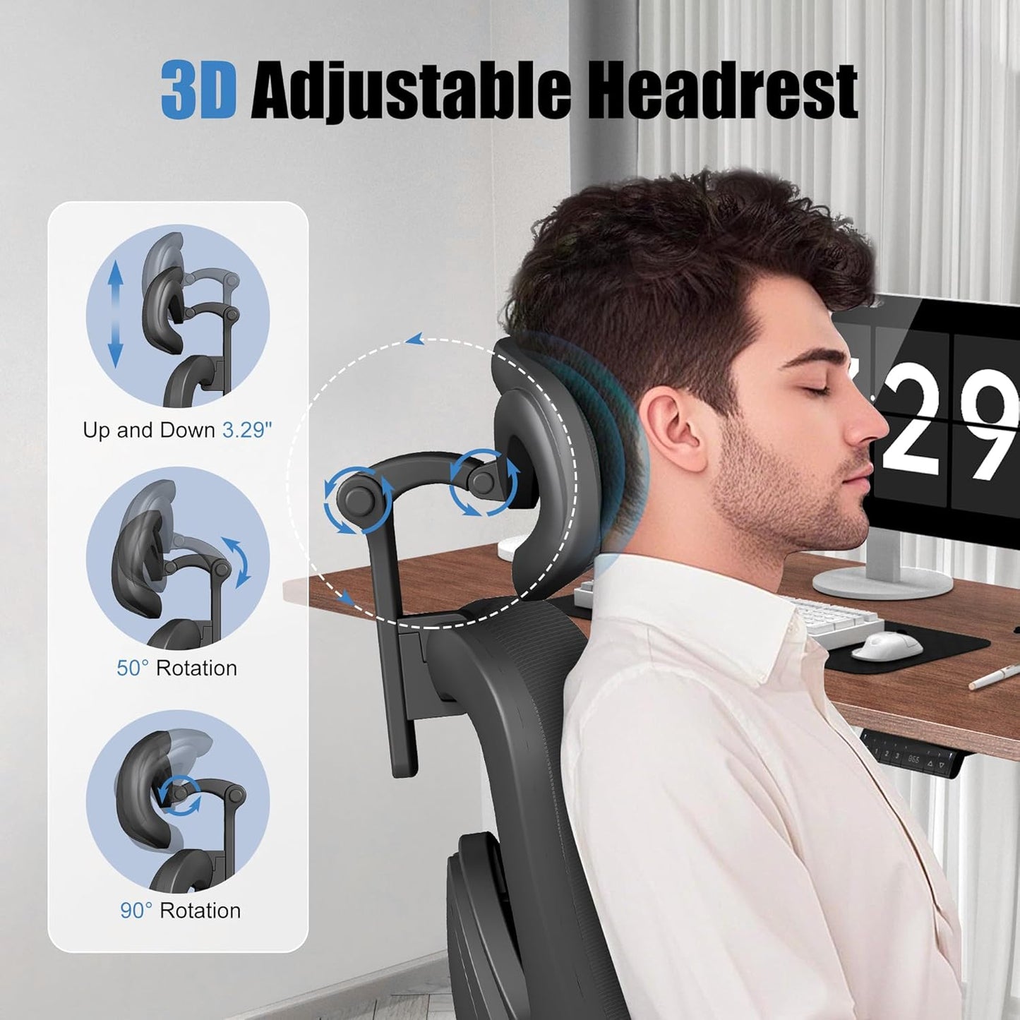 Ergonomic Office Chair with Adjustable Lumbar Support, 3D Arms and Headrest, High Back Wide Desk Computer Chair with Wheels, for Home & Office, Black