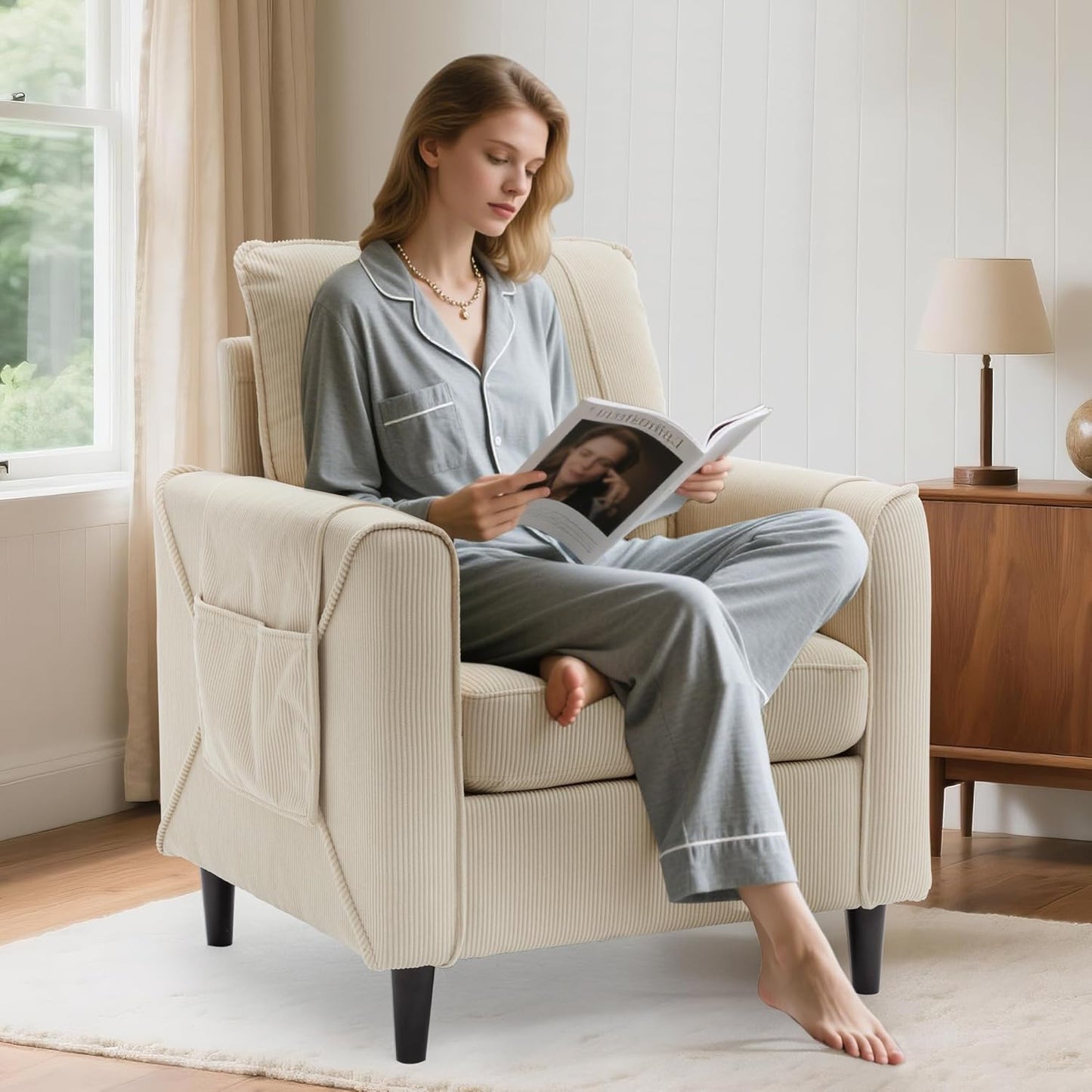 Accent Chair, Arm Chair for Living Room, Mid-Century Modern Upholstered Reading Chair, Comfy Club Chair with Side Pockets and Soft Cushion, Corduroy Fabric Sofachair for Bedroom