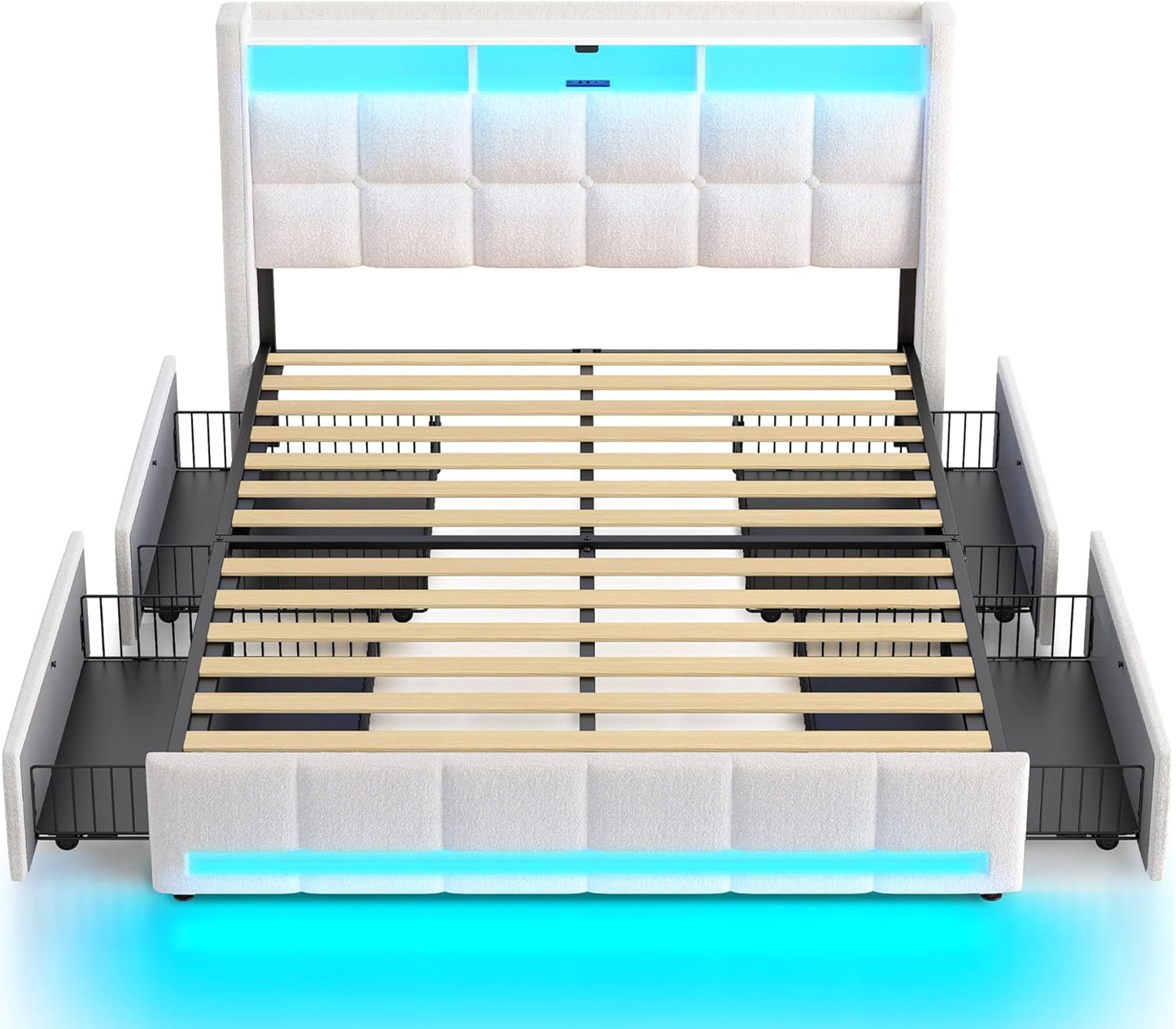 Rolanstar Full Size Bed Frame with LED Lights and Charging Station, Upholstered Bed Storage Headboard & Drawers, Heavy Duty Wood Slats, Easy Assembly