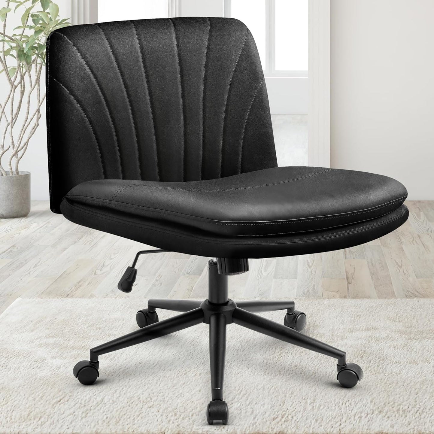 Orange Factory Criss Cross Chair Wheels Wide Cross Legged Office Desk Vanity Chair Comfy Fabric Armless Adjustable Swivel for Home Computer Task (Beige)